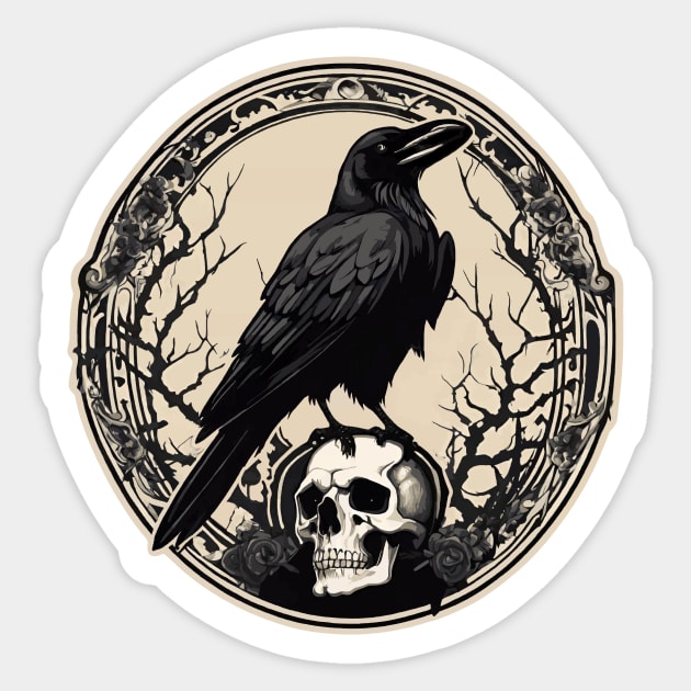 Vintage black crow on skull celtic goddess legend Badb Sticker by pickledpossums